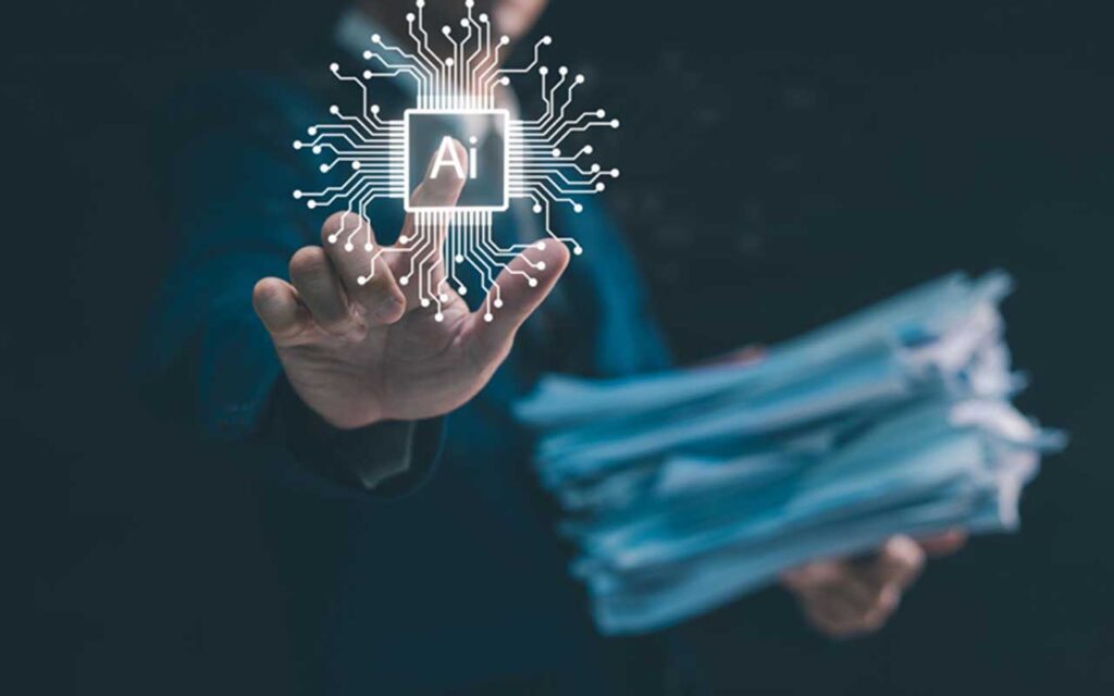 Yapay zeka destekli girişimcilik ile iş fikirleri geliştiren girişimci, bilgisayar başında dijital veri ve yapay zeka ikonlarıyla çalışıyor.